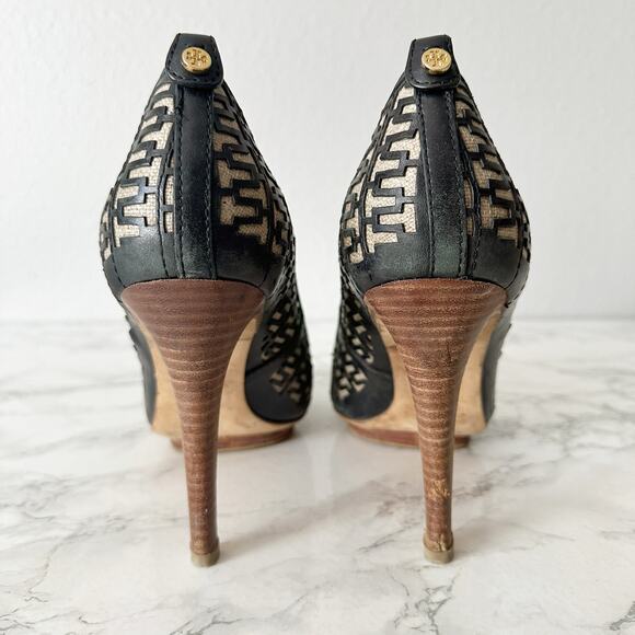 Tory Burch Regan Signature‎ Logo Wood Platform Peep Toe Heels Women’s Size 11 - Picture 5 of 14